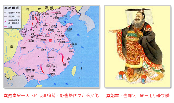 秦始皇統一天下的版圖遼闊，影響整個東方的文化圖及秦始皇：書同文，統一用小篆字體圖