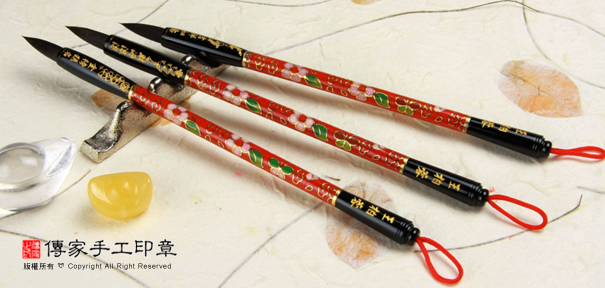 高級紅色景泰藍筆桿的胎毛筆-圖片