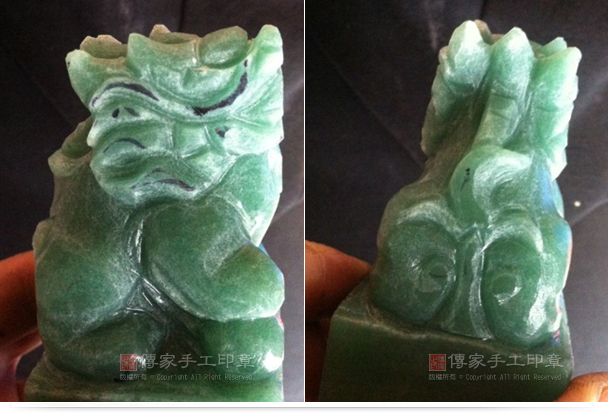 過程當中,可以看出麒麟的神韻已經雕刻出來,同時這個麒麟的頭部很大,屁股很翹,如意的尾巴很討喜示意圖 過程當中,可以看出麒麟的神韻已經雕刻出來,同時這個麒麟的頭部很大,屁股很翹,如意的尾巴很討喜。