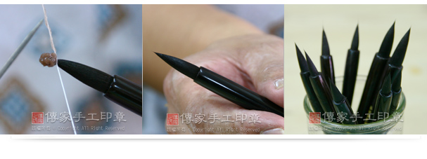 19用尼龍繩將胎毛筆定型,去除多餘的髮菜膠,並且透過手指接觸,讓筆尖成形。20胎毛筆製作完成。 21等髮菜膠自然風乾後,即完成胎毛筆的製作。實圖 19用尼龍繩將胎毛筆定型,去除多餘的髮菜膠,並且透過手指接觸,讓筆尖成形。20胎毛筆製作完成。 21等髮菜膠自然風乾後,即完成胎毛筆的製作。