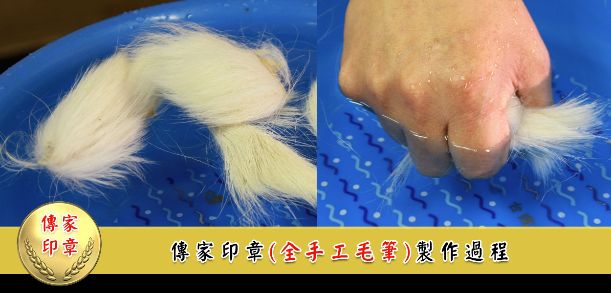 選取毛料：使用羊毛製筆，先將羊毛泡入水中，使其毛質變軟步驟圖。