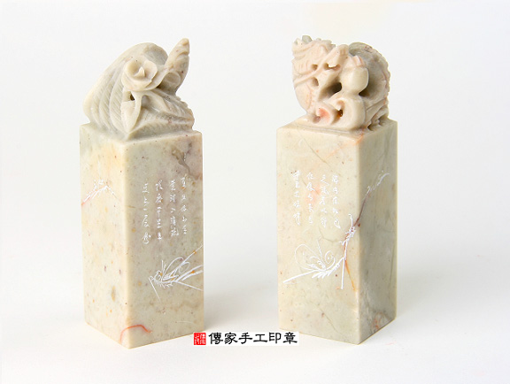 公司印章」的材質的頂級菊色壽山石精雕招財龍鳳：公司開運大小章
