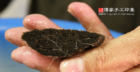 排列毛鋒：將兼毫的筆心毛料，重疊在一起，然後再次混合，以及再次用牛骨刷子刷順毛料圖