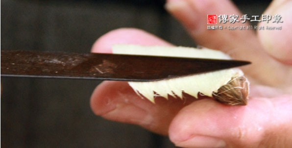 包覆毛筆的外皮毛料：外皮的羊毛放置兼毫的筆心上，並且順時針捲起來圖