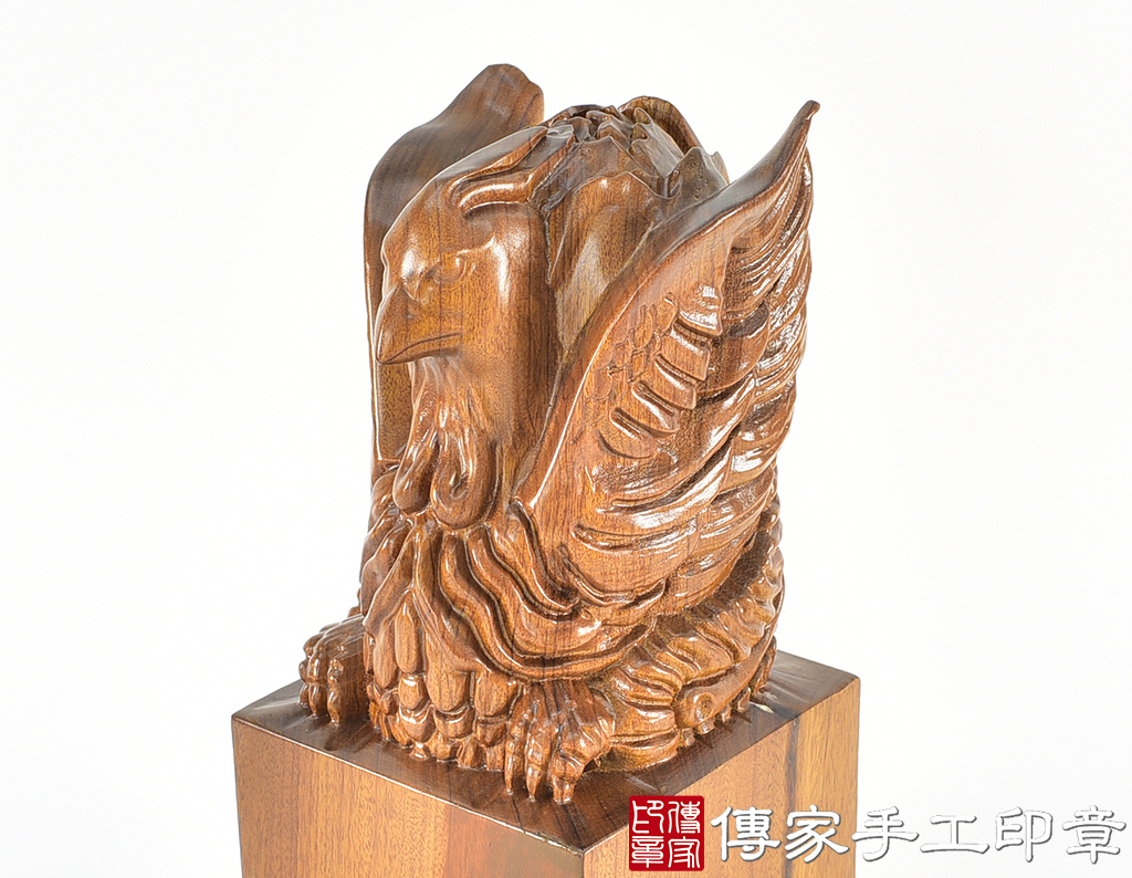 頂級紅紫檀木精雕鳳凰廟章：廟章、神明印章、大印章 (尺寸9.5x9.5x21公分)