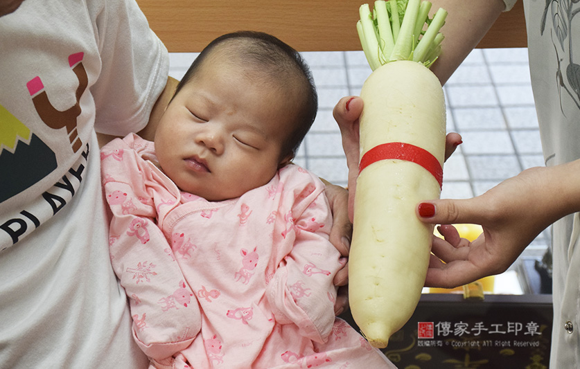 滿月剃頭，儀式:蘿蔔「代表的含意：蘿蔔就是好彩頭，象徵孩子一生好運源源不絕」