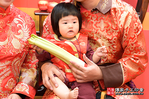 桃園市八德區劉寶寶古禮抓周祝福活動:【抱芹菜】：讓寶寶勤勞、勤儉持家。  抱芹菜的抓周儀式，是讓孩子勤勞向上，積極努力。 照片25