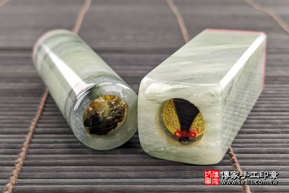 全手工噴砂印章：綠髮彩玉臍髮雙章實際成品、印章作品分享、綠髮彩玉印章材質介紹。（臍帶印章、肚臍章、肚臍印章，一圓一方）傳家手工印章高雄店。2020.05.20，照片5