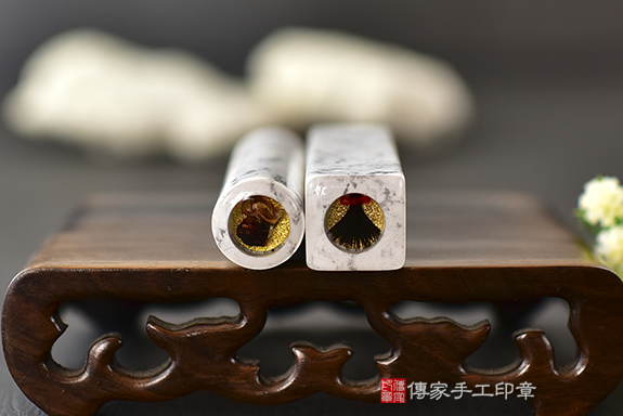 大理石的紋路！半手工噴砂白松石臍帶胎毛印章成品分享。（臍帶章、肚臍章、胎毛章、一圓一方），傳家手工印章台中店。111.10.07