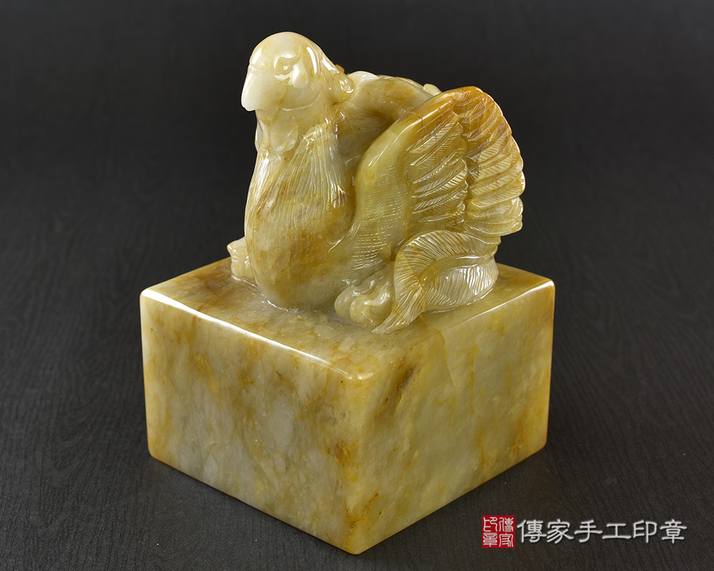 傳家手工印章實際成品：頂級新疆黃玉精雕鳳凰來儀廟章：廟章、神明印章、大印章
