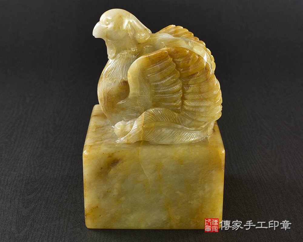 傳家手工印章實際成品：頂級新疆黃玉精雕鳳凰來儀廟章：廟章、神明印章、大印章
