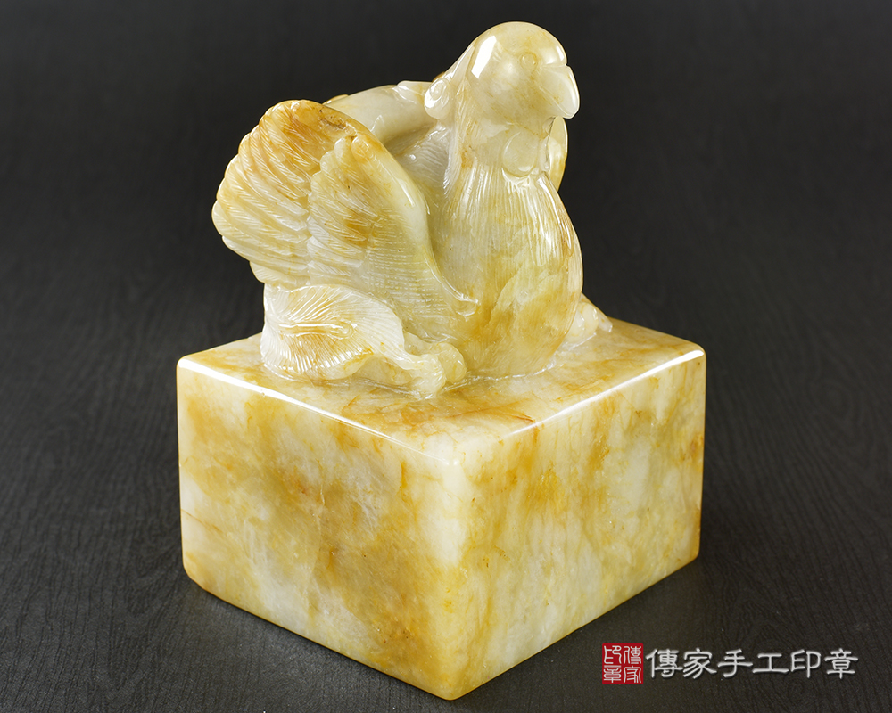 傳家手工印章實際成品：頂級新疆黃玉精雕鳳凰來儀廟章：廟章、神明印章、大印章