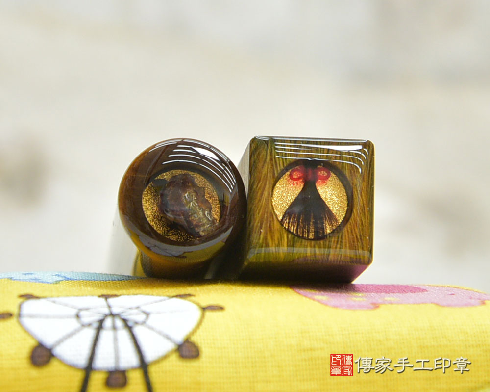 開運印章-黃虎眼石-珠寶等級般的級別/給你正能量～頂級帶眼山形黃金綠檀木-桃園114.11.21