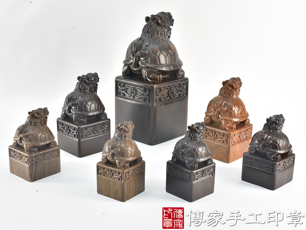 頂級黑檀木精雕龍龜廟章:廟章、神明印章、大印章 (尺寸4.5x4.5x9公分)