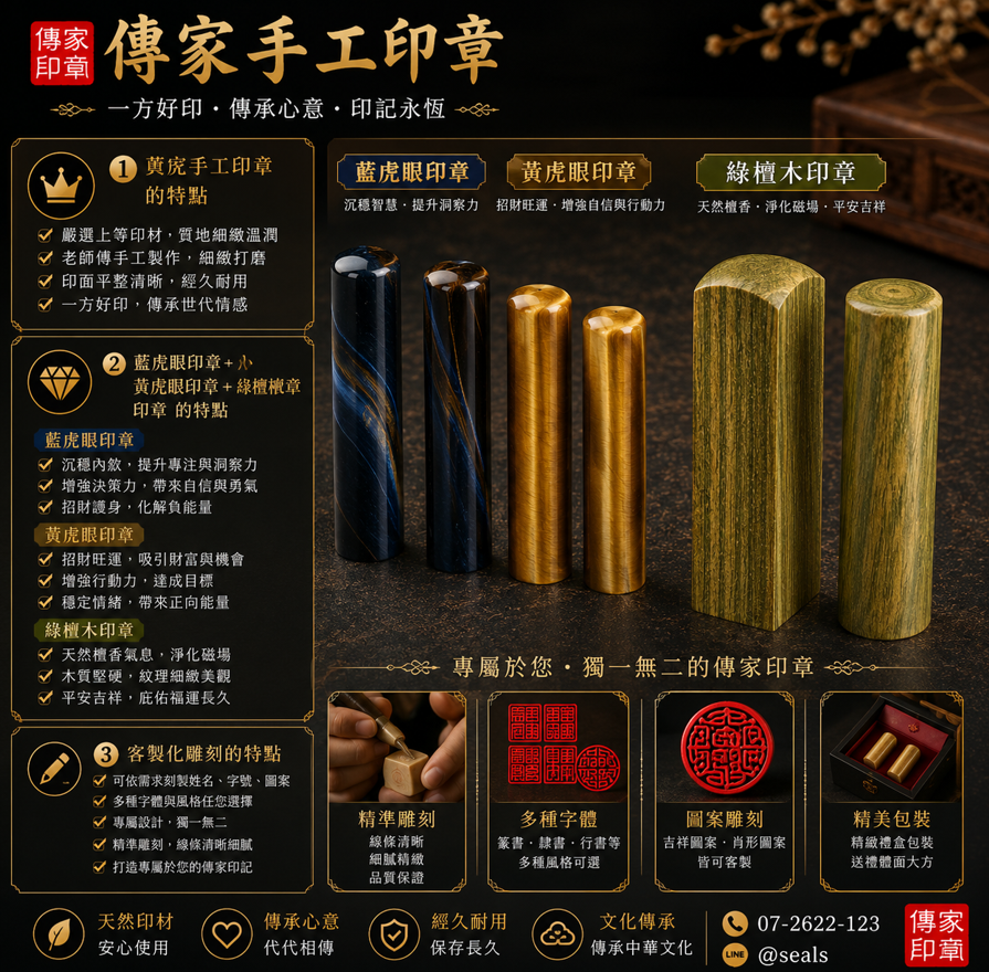 全手工噴砂藍虎眼＋黃虎眼，搭配帶眼綠檀木個人章，展現沉穩自然的專屬質感