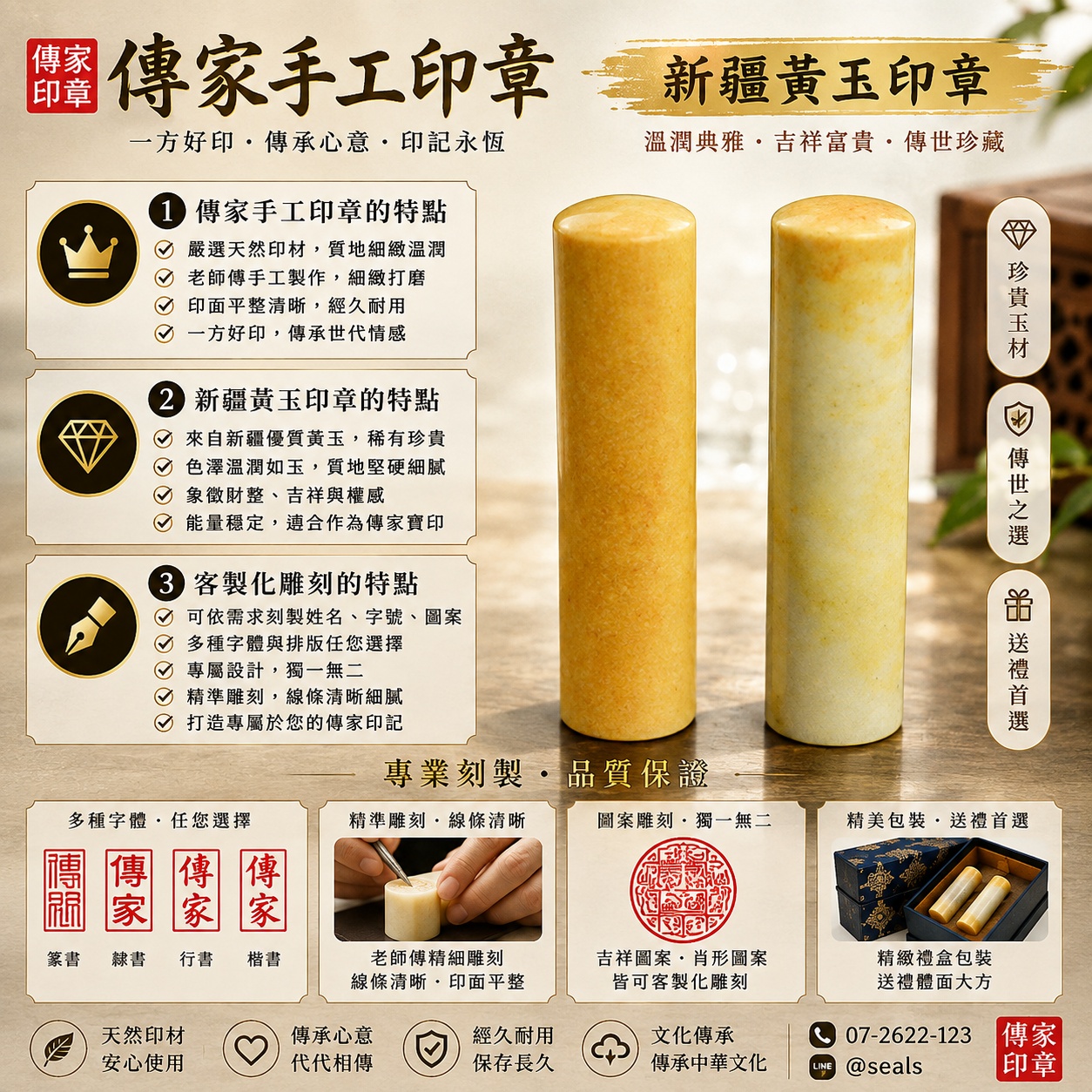 【全噴加長黑膽石圓章＋全噴加長新疆黃玉方章＋鈦金屬方章＋黃銅圓章｜四款材質專屬客製，融合沉穩、溫潤與金屬質感，刻下姓名與人生重要印記】