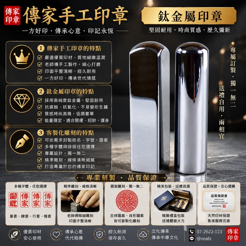 【全噴加長黑膽石圓章＋全噴加長新疆黃玉方章＋鈦金屬方章＋黃銅圓章｜四款材質專屬客製，融合沉穩、溫潤與金屬質感，刻下姓名與人生重要印記】