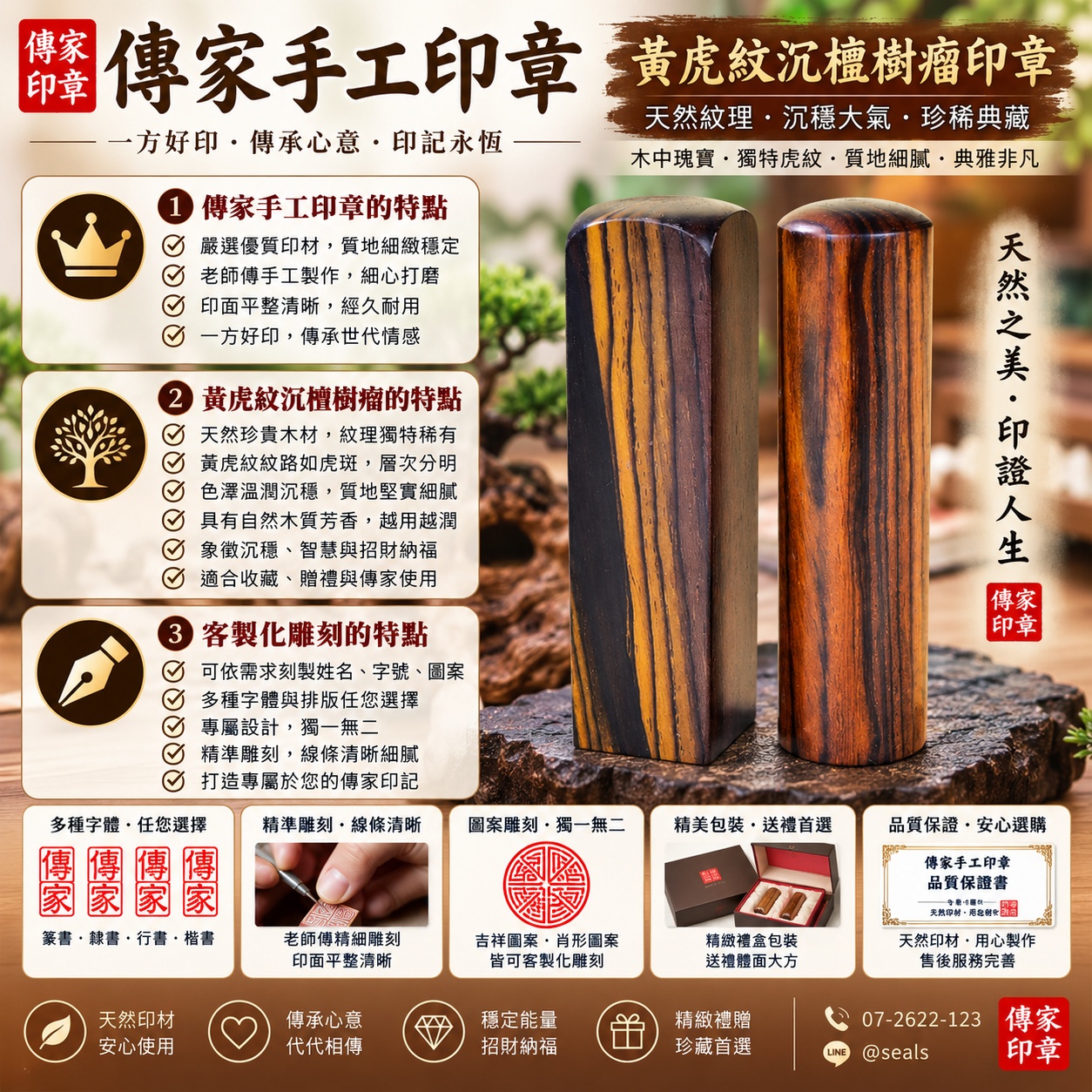 【全手工篆刻黃虎紋沉檀樹瘤個人圓章｜天然虎紋木理沉穩大器，匠心手工篆刻專屬姓名，象徵穩健前行、圓滿順遂與傳承珍藏】