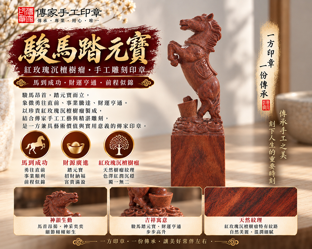 生肖馬紅玫瑰沉檀樹瘤手工雕刻個人章 生肖馬紅玫瑰沉檀樹瘤手工雕刻個人章