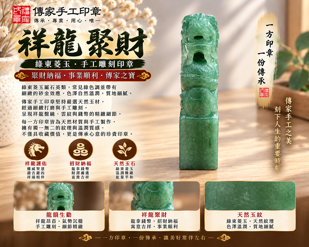 雕龍綠東菱玉開運印章 雕龍綠東菱玉開運印章