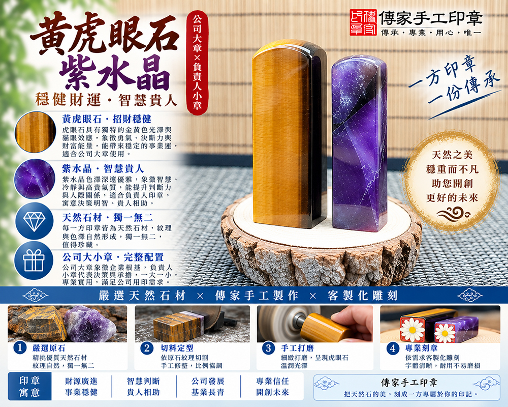 黃虎眼石與紫水晶雙倍招財開運印章 黃虎眼石與紫水晶雙倍招財開運印章