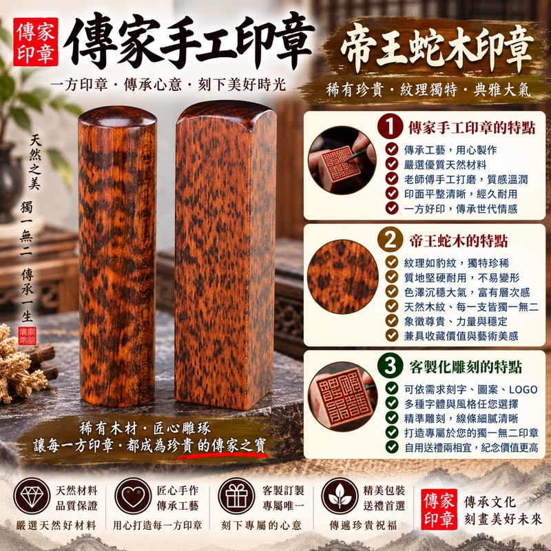 【電腦刻1吋帝王蛇木個人圓章+虎紋紅檀個人方章公司大小章|天然珍稀木紋沉穩大器,圓方成套客製專屬印鑑,象徵事業穩健、誠信經營與商務順遂】 【電腦刻1吋帝王蛇木個人圓章+虎紋紅檀個人方章公司大小章|天然珍稀木紋沉穩大器,圓方成套客製專屬印鑑,象徵事業穩健、誠信經營與商務順遂】
