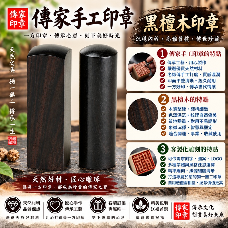 【電腦刻黑檀木個人圓章｜天然深色木質沉穩典雅，客製專屬姓名印記，象徵圓滿順遂、穩健踏實與長久陪伴】