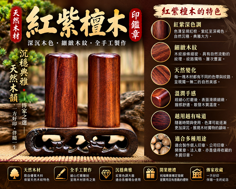 紅褐之間,藏著歲月木韻 紅紫檀木印鑑印章 傳家印章桃園店 115.9.15 紅褐之間,藏著歲月木韻 紅紫檀木印鑑印章 傳家印章桃園店 115.9.15