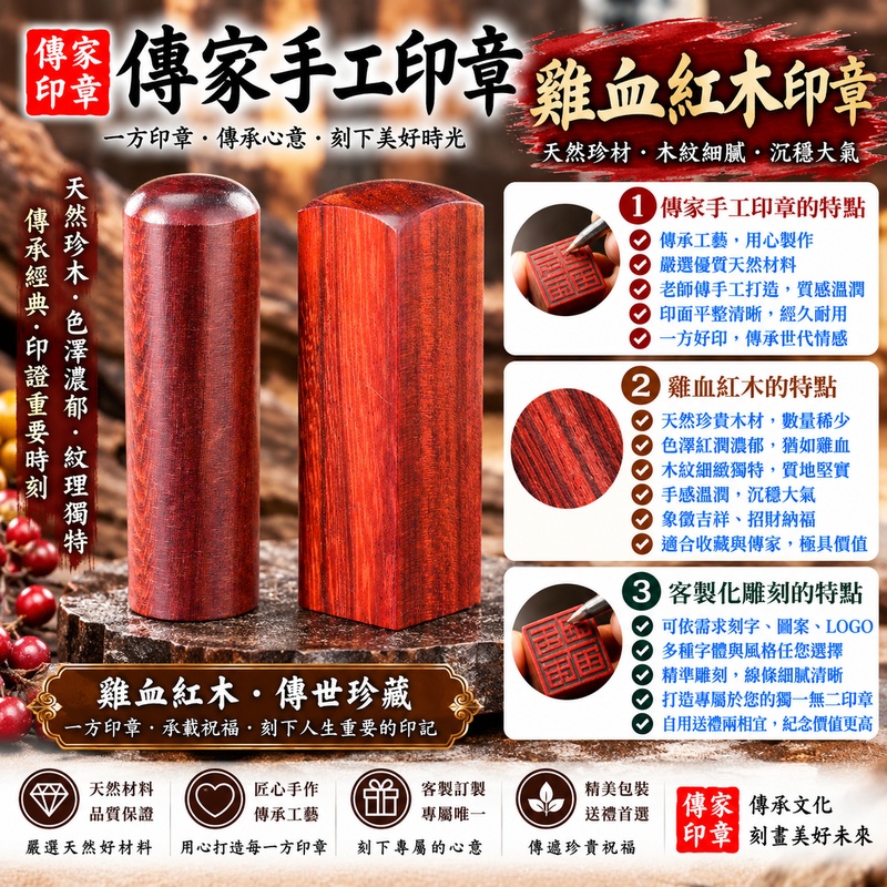 【電腦刻紅紫檀木個人圓章＋雞血紅木個人圓章｜天然紅紫檀木沉穩典雅、雞血紅木鮮明紅潤、客製化專屬姓名雕刻、雙款實木圓形印章，象徵事業穩健、平安吉祥、貴人相助、幸福圓滿與福運綿延】