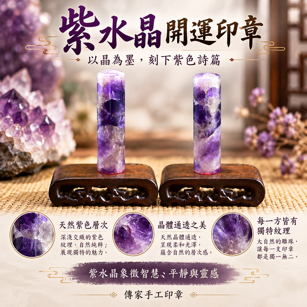 以晶為墨,刻下紫色詩篇 紫水晶開運印章 傳家印章桃園店115.10.14 以晶為墨,刻下紫色詩篇 紫水晶開運印章 傳家印章桃園店115.10.14