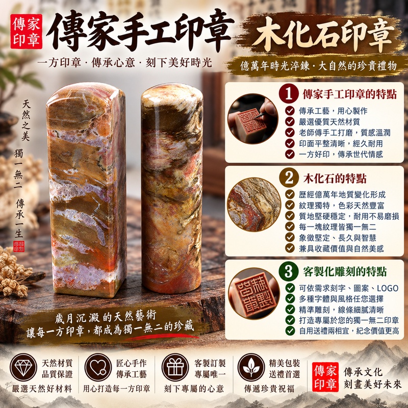 【半手工噴砂木化石個人雙方章|天然木化石歲月紋理、古樸沉穩石材質感、傳統半手工噴砂雕刻工藝、客製化專屬姓名印章、一組兩方經典方形印章,象徵根基穩固、誠信踏實、事業順遂、貴人相助、平安吉祥與福運綿延】 【半手工噴砂木化石個人雙方章|天然木化石歲月紋理、古樸沉穩石材質感、傳統半手工噴砂雕刻工藝、客製化專屬姓名印章、一組兩方經典方形印章,象徵根基穩固、誠信踏實、事業順遂、貴人相助、平安吉祥與福運綿延】