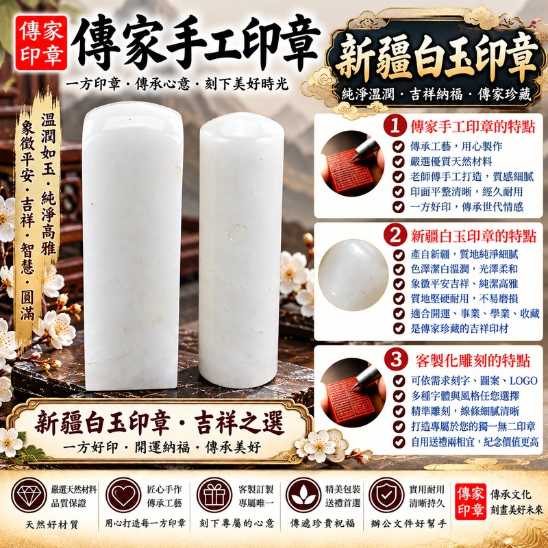 【全手工噴砂新疆白玉加長臍帶圓章｜天然新疆白玉潔白溫潤、細緻柔和玉石質感、加長型圓形印章、寶寶臍帶珍藏紀念、傳統全手工噴砂雕刻工藝、客製化專屬姓名印章，象徵母子情深、生命傳承、平安健康、圓滿幸福、吉祥納福與福運綿延】