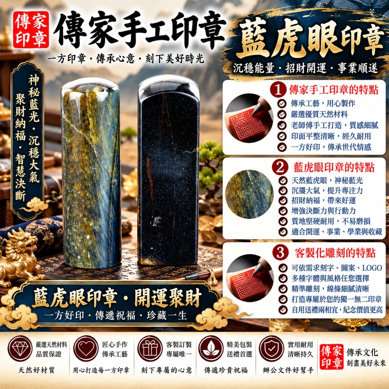 【全手工噴砂藍虎眼石個人方章|天然藍虎眼石深藍沉穩、獨特貓眼光澤、天然絲絹狀光帶、傳統全手工噴砂雕刻工藝、客製化專屬姓名印章、經典方形個人印章,象徵智慧明晰、沉穩自信、根基穩固、事業順遂、貴人相助、平安吉祥與福運綿延】 【全手工噴砂藍虎眼石個人方章|天然藍虎眼石深藍沉穩、獨特貓眼光澤、天然絲絹狀光帶、傳統全手工噴砂雕刻工藝、客製化專屬姓名印章、經典方形個人印章,象徵智慧明晰、沉穩自信、根基穩固、事業順遂、貴人相助、平安吉祥與福運綿延】