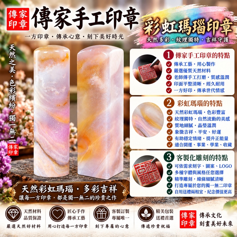 【全手工噴砂彩虹瑪瑙個人圓章｜天然彩虹瑪瑙繽紛多彩、天然石紋層次豐富、溫潤細緻寶石質感、傳統全手工噴砂雕刻工藝、客製化專屬姓名印章、經典圓形個人印章，象徵圓滿和諧、幸福美滿、平安吉祥、事業順遂、貴人相助與福運綿延】